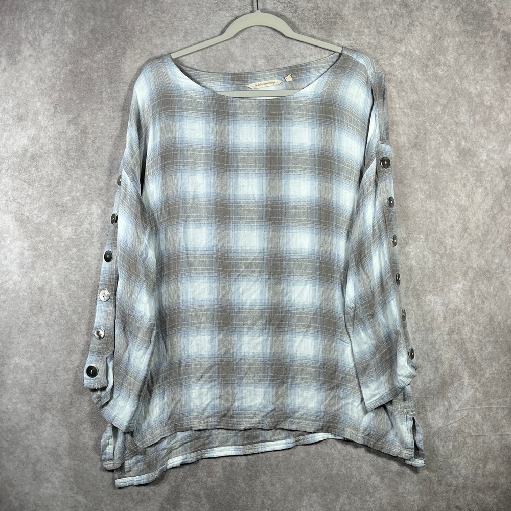Soft Surroundings Kingsley Tunic Top Womens Large Gray Plaid Button Sleeve Boho